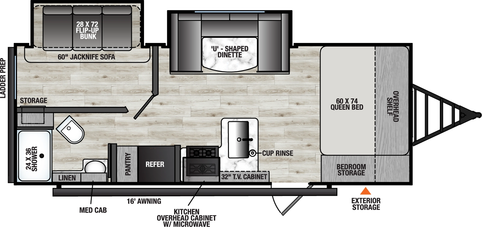 The Viking Travel Trailers 22BHSR floorplan has one entry and two slide outs. Exterior features include: metal exterior and 16' awning. Interiors features include: bunk beds, u-dinette and front bedroom.